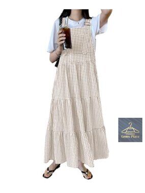 Retro Plaid Suspender Maxi Dress Sleeveless Ruffle Tiered Jumper
